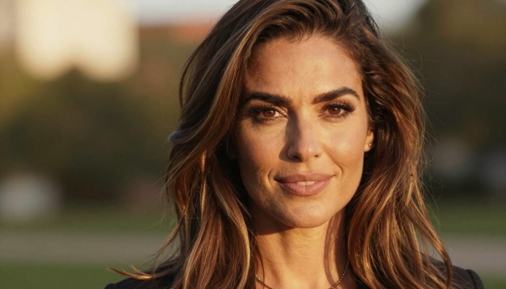 Woman with beautiful medium brown hair with highlights smiling confidently Woman with beautiful medium brown hair with highlights smiling confidently