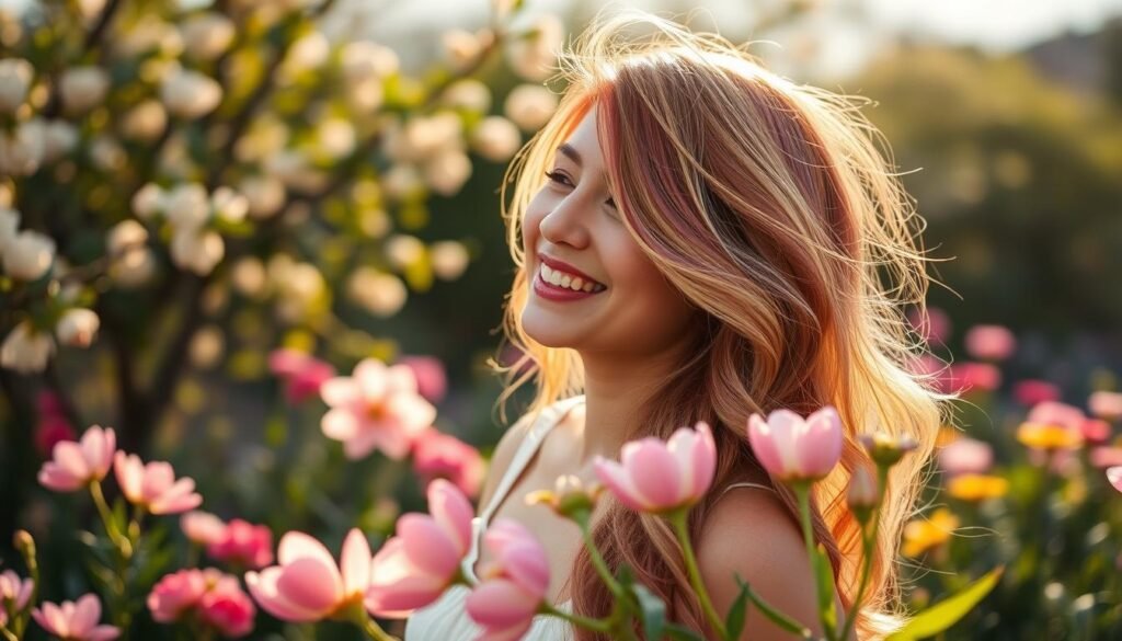 Woman with beautiful spring hair color enjoying the outdoors