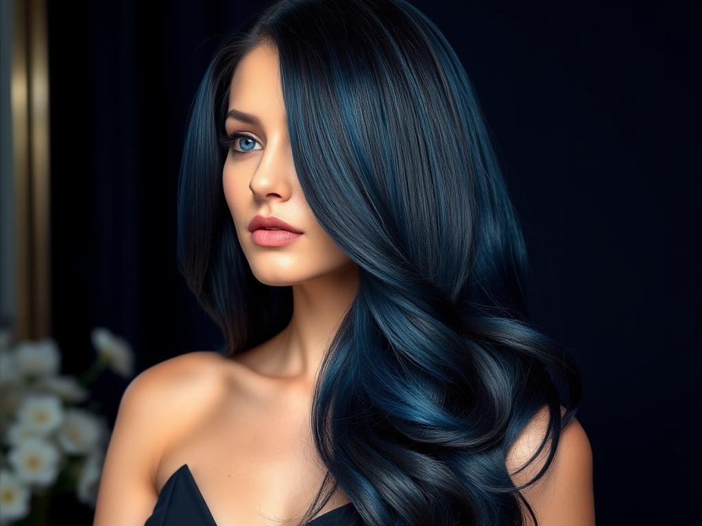 Woman with blue-black hair showing deep raven color with navy undertones, an unexpected spring hair color trend