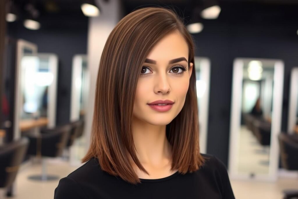 Woman with blunt midi cut and side part flip Woman with blunt midi cut and side part flip