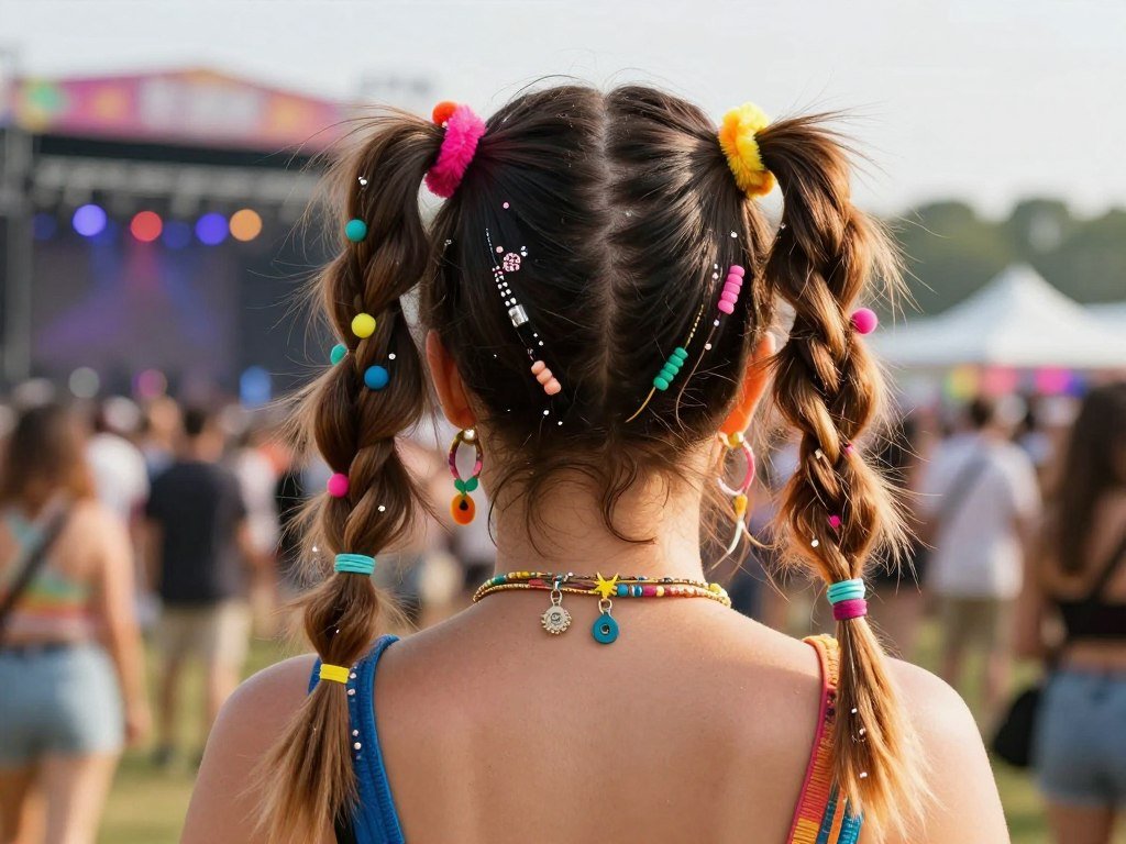 Woman with bold, decorated half up half down pigtails perfect for festivals Woman with bold, decorated half up half down pigtails perfect for festivals