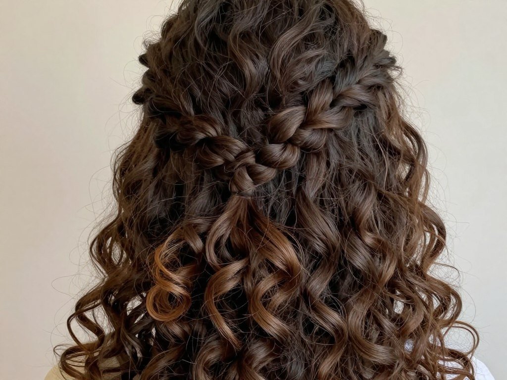 Woman with braided half up half down curly hair showing the detailed braid