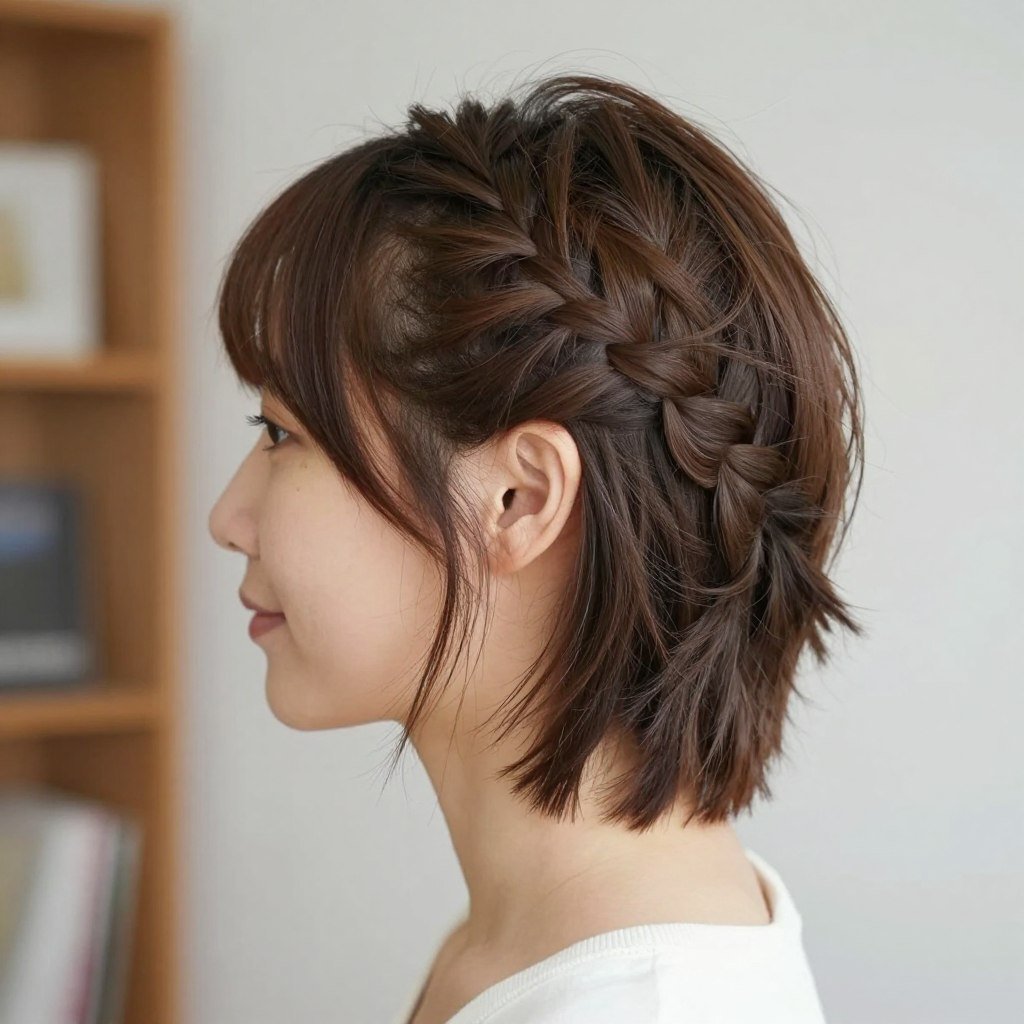 Woman with braided half up half down style on short layered hair Woman with braided half up half down style on short layered hair