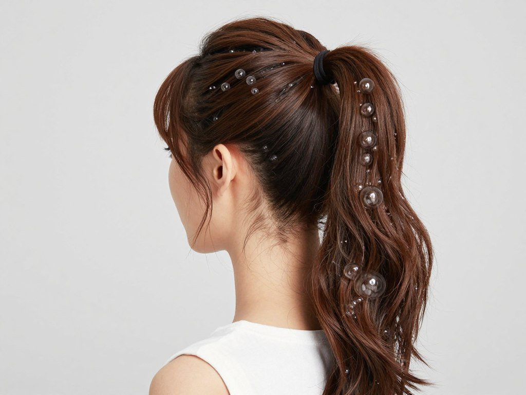 Woman with bubble ponytail half up style showing segmented ponytail effect
