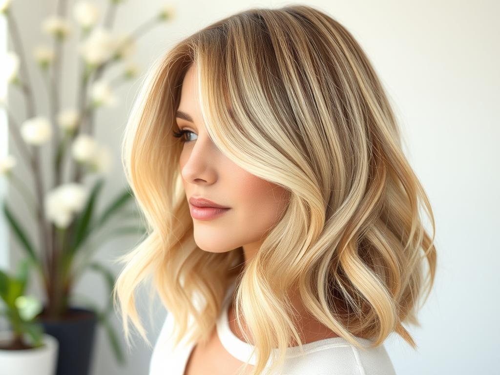 Woman with buttercream blonde hair color showing warm vanilla tones and dimension, perfect for spring hair color trends