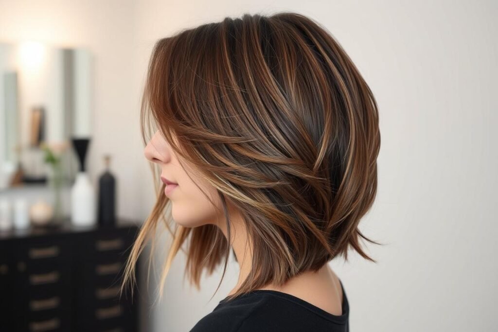 Woman with butterfly cut medium length layered haircut Woman with butterfly cut medium length layered haircut