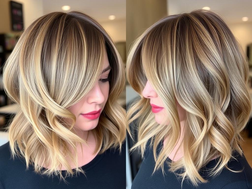 Woman with butterfly layered medium cut with soft curtain bangs