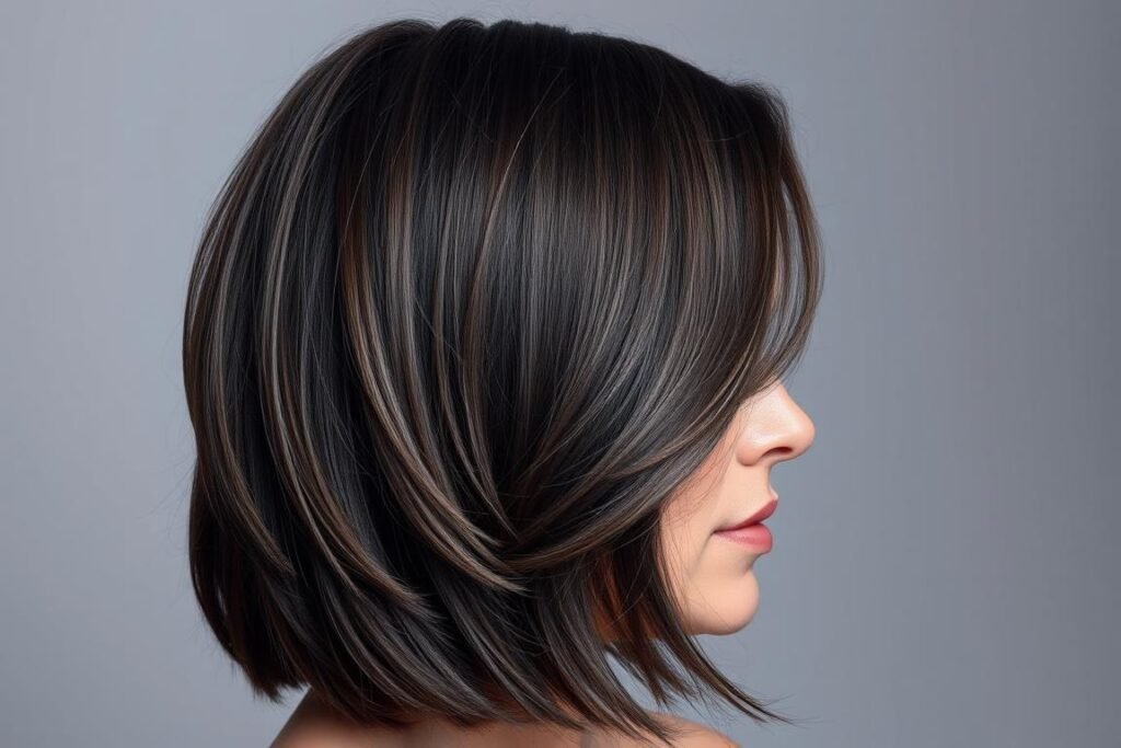 Woman with charcoal brown hair in a layered cut Woman with charcoal brown hair in a layered cut