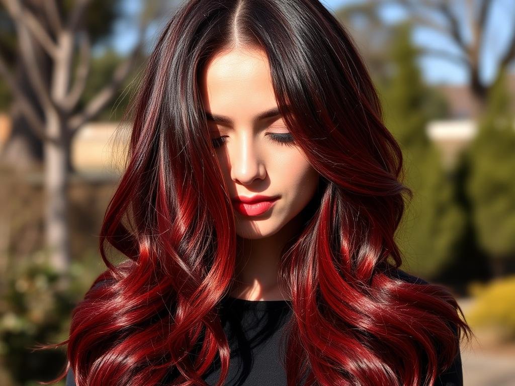Woman with cherry cola hair color in sunlight showing burgundy tones Woman with cherry cola hair color in sunlight showing burgundy tones