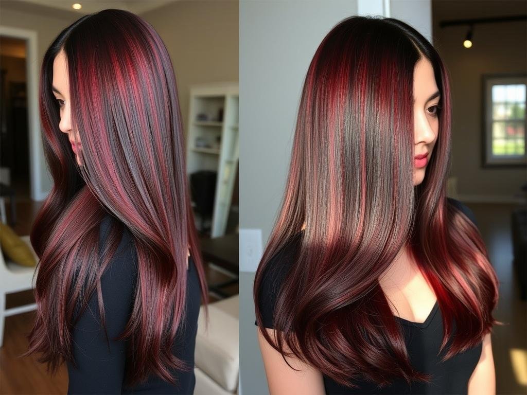 Woman with cherry cola hair color showing dark brown with burgundy-red undertones