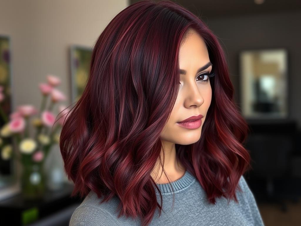Woman with cherry cola hair color showing deep red tones with cool undertones, trending for spring hair color