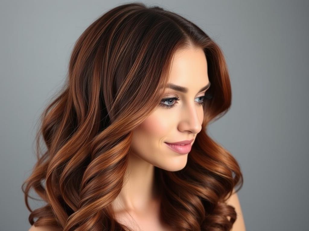 Woman with cherry copper brown hair showing deep brown with rich red-copper tones Woman with cherry copper brown hair showing deep brown with rich red-copper tones