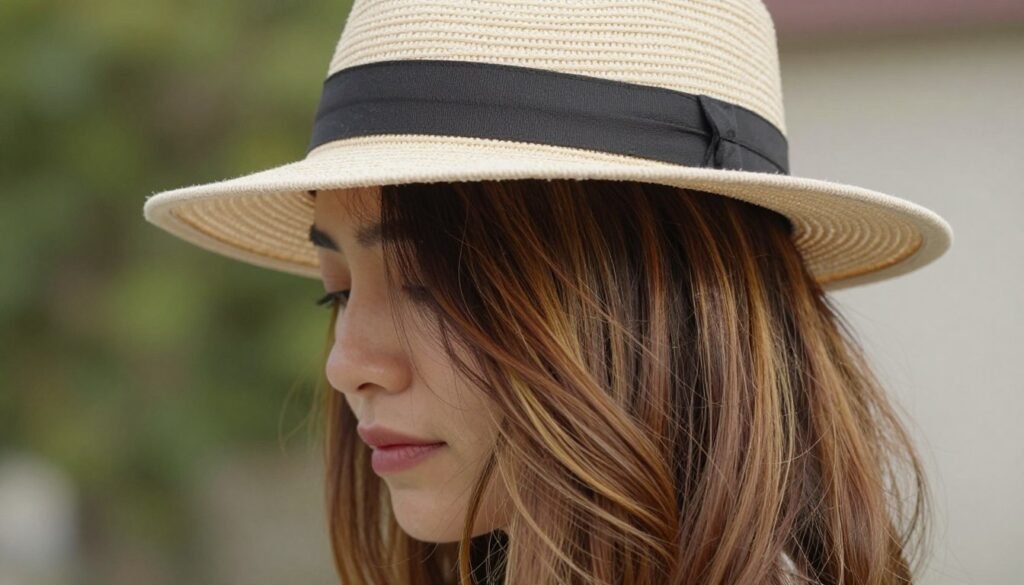Woman with chocolate brown highlighted hair wearing a hat for sun protection Woman with chocolate brown highlighted hair wearing a hat for sun protection