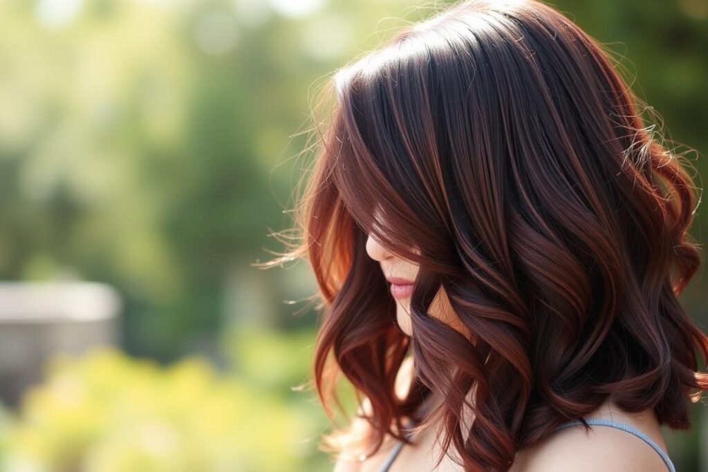 Woman with chocolate cherry hair color showing burgundy undertones in sunlight Woman with chocolate cherry hair color showing burgundy undertones in sunlight