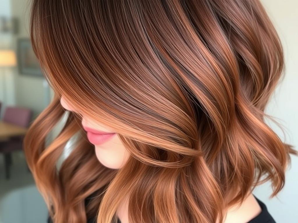 Woman with chocolate copper hair showing rich brown base with subtle copper highlights Woman with chocolate copper hair showing rich brown base with subtle copper highlights