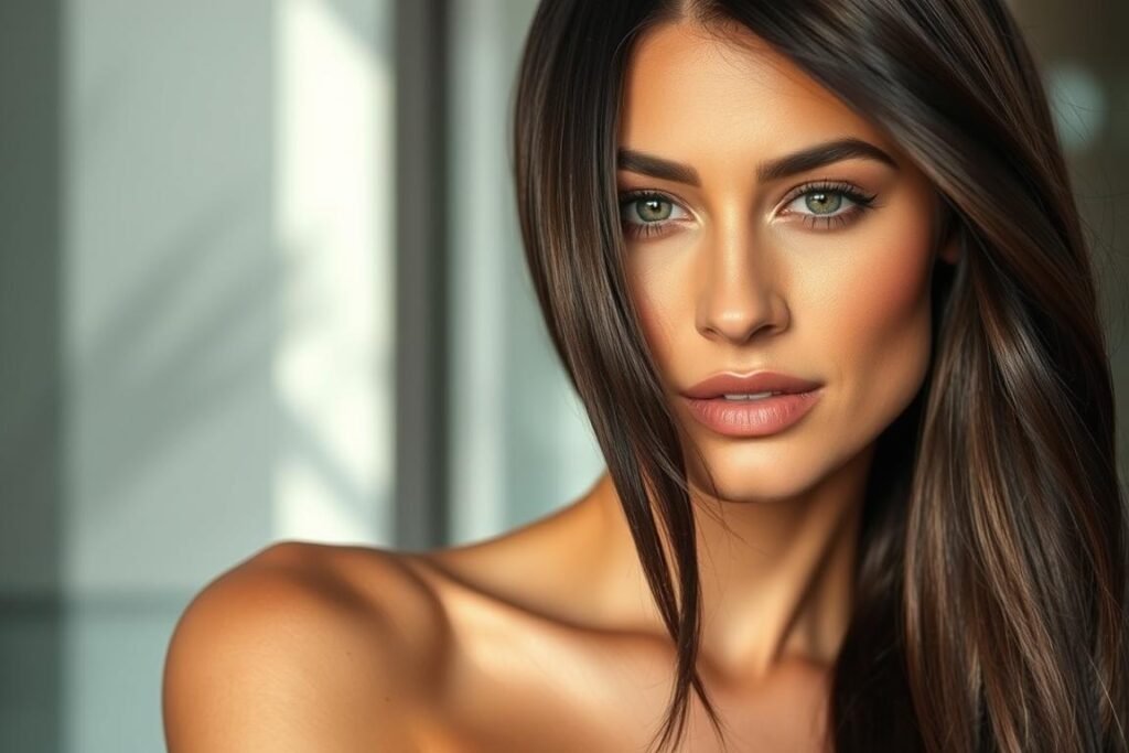 Woman with chocolate glaze hair treatment showing rich, glossy brunette hair for summer