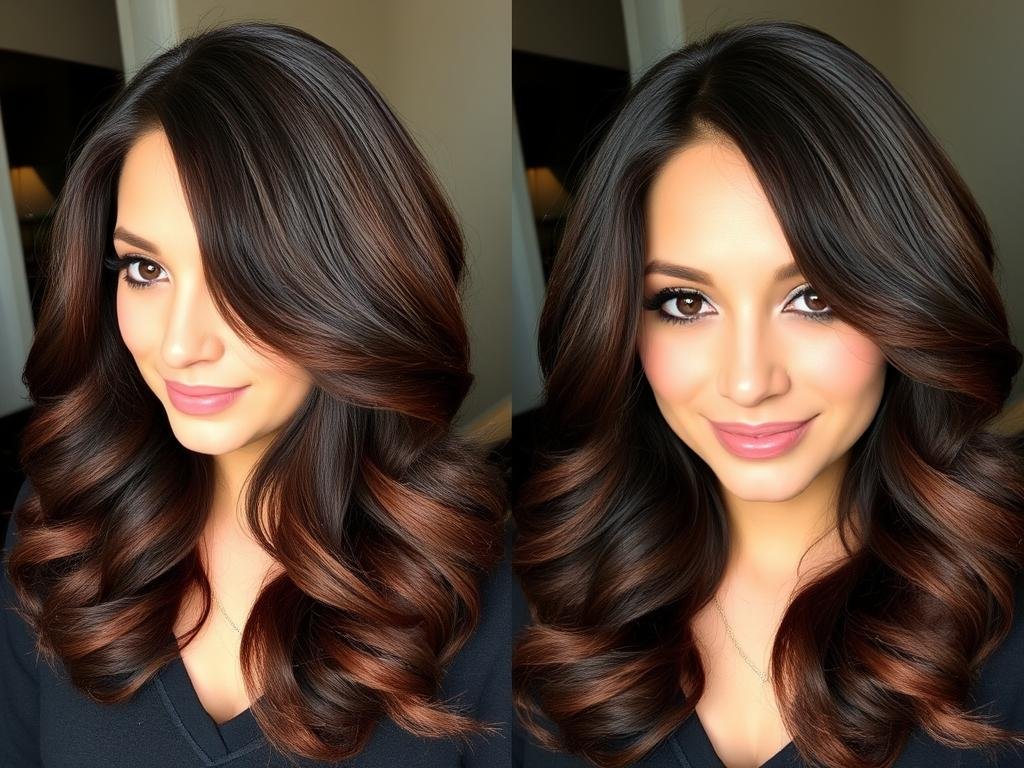 Woman with chocolate truffle hair color showing deep brown with reddish undertones