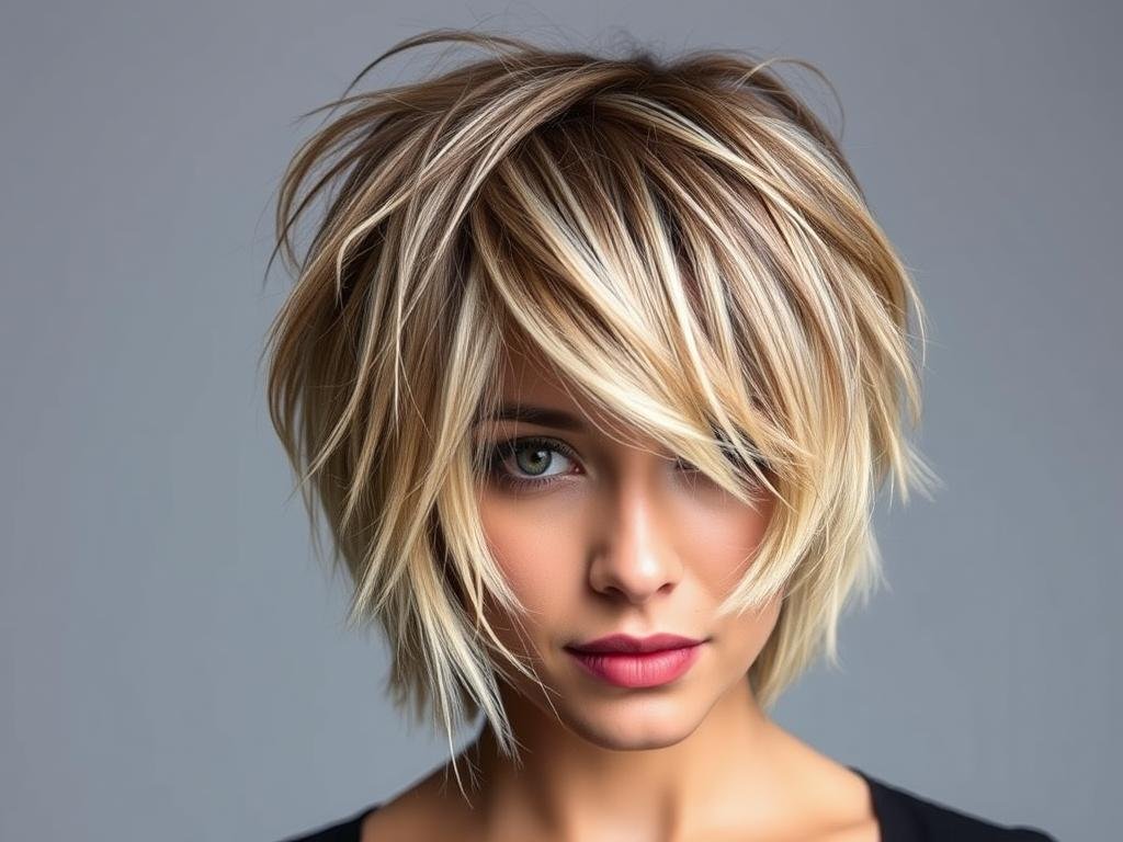 Woman with choppy layered medium length haircut with textured ends Woman with choppy layered medium length haircut with textured ends