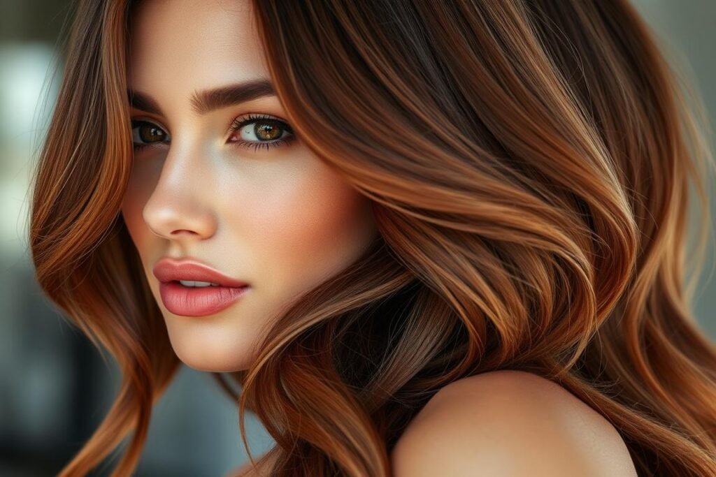 Woman with cinnamon brunette hair color showing warm reddish tones perfect for summer