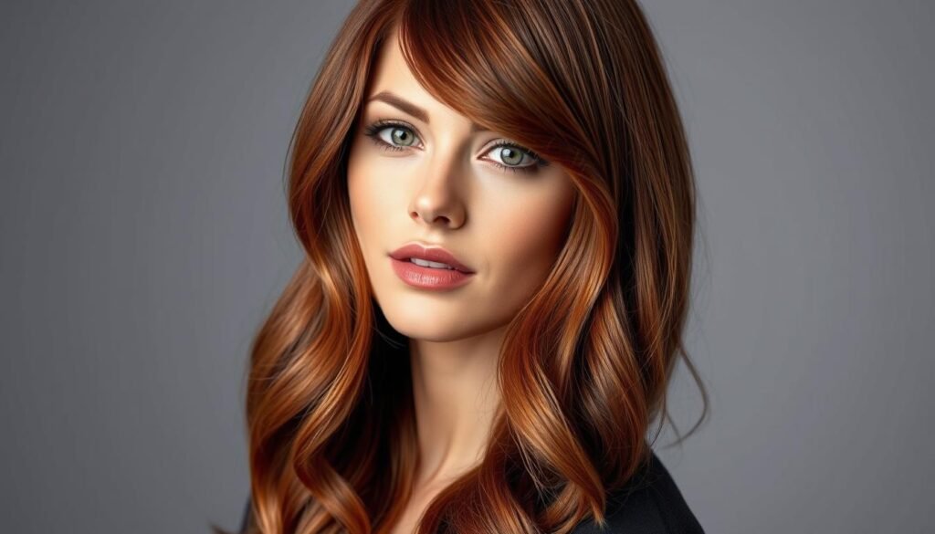 Woman with classic auburn hair color showing the rich red-brown blend