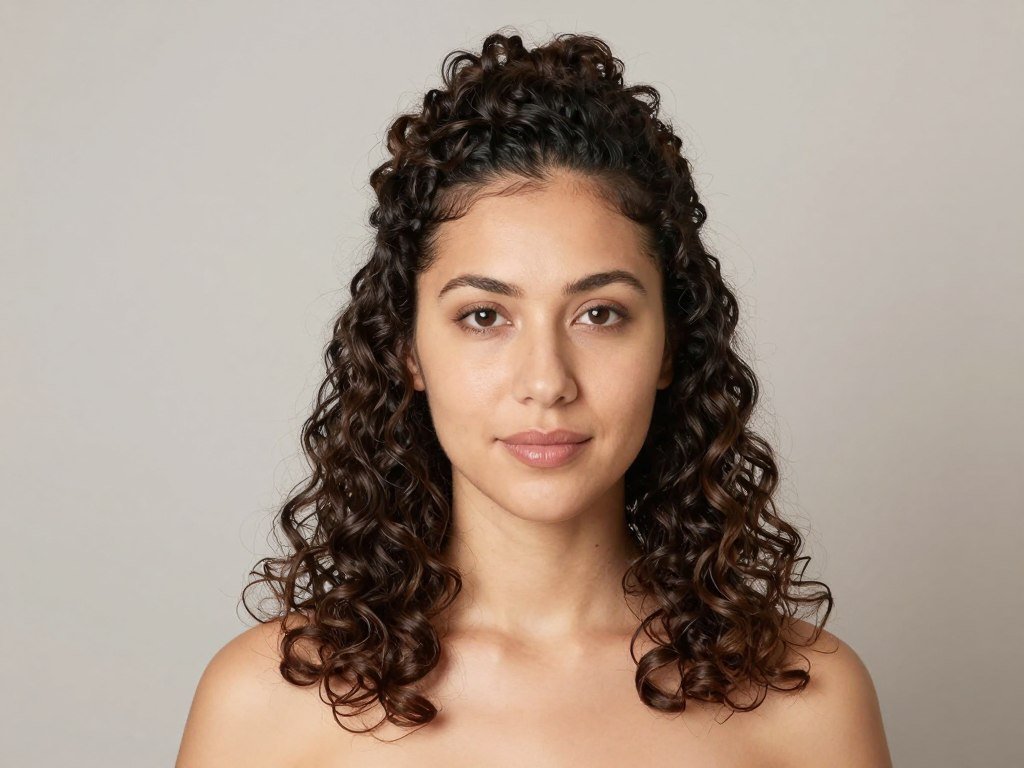 Woman with classic half up half down curly hair style showing volume at crown