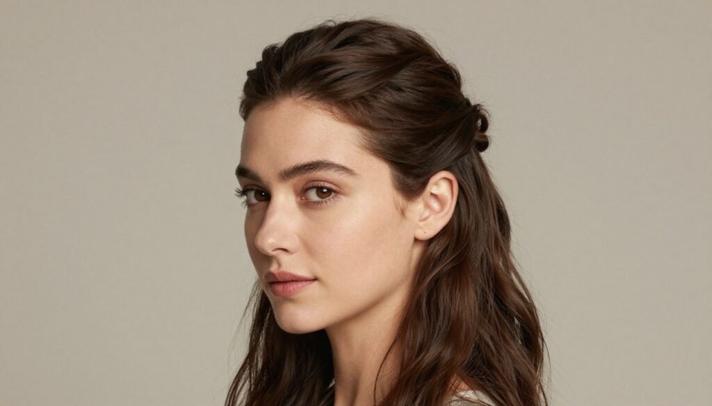 Woman with classic half up half down hairstyle showing the top section pulled back while the bottom remains loose