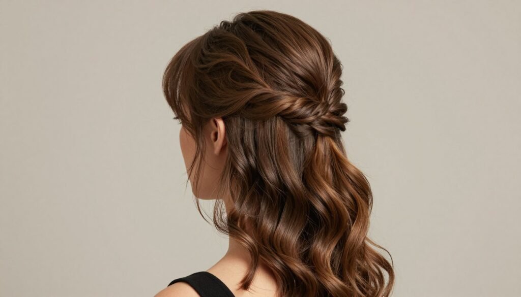Woman with classic half-up half-down hairstyle with smooth waves cascading down her back