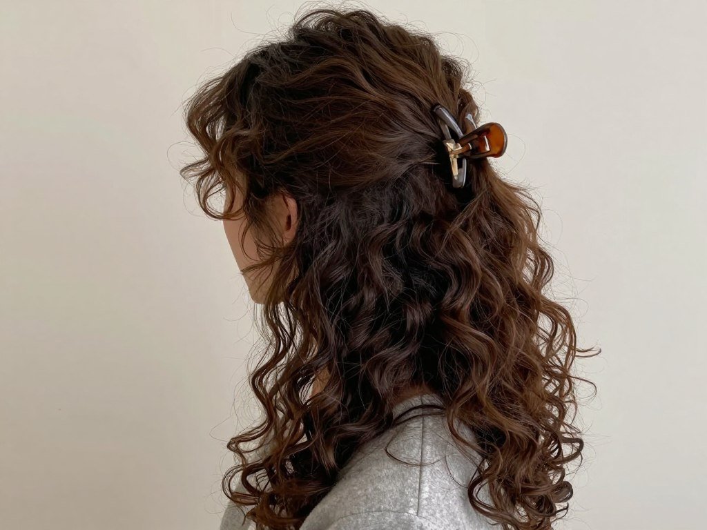 Woman with claw clip half up half down curly hair showing the clip placement