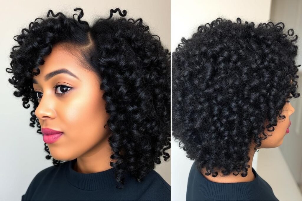 Woman with coily hair in a shaped medium cut with textured bangs