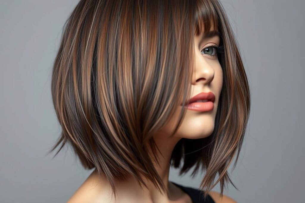 Woman with cool ash brown hair in a modern cut Woman with cool ash brown hair in a modern cut