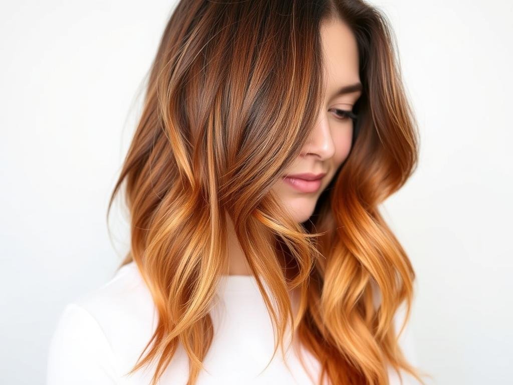 Woman with copper brown ombré showing dark roots transitioning to vibrant copper ends Woman with copper brown ombré showing dark roots transitioning to vibrant copper ends