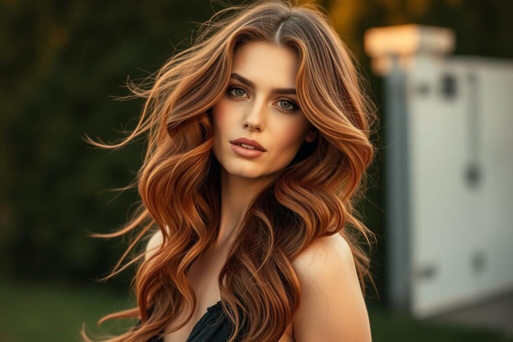 Woman with copper hair styled in loose waves showing dimension and shine