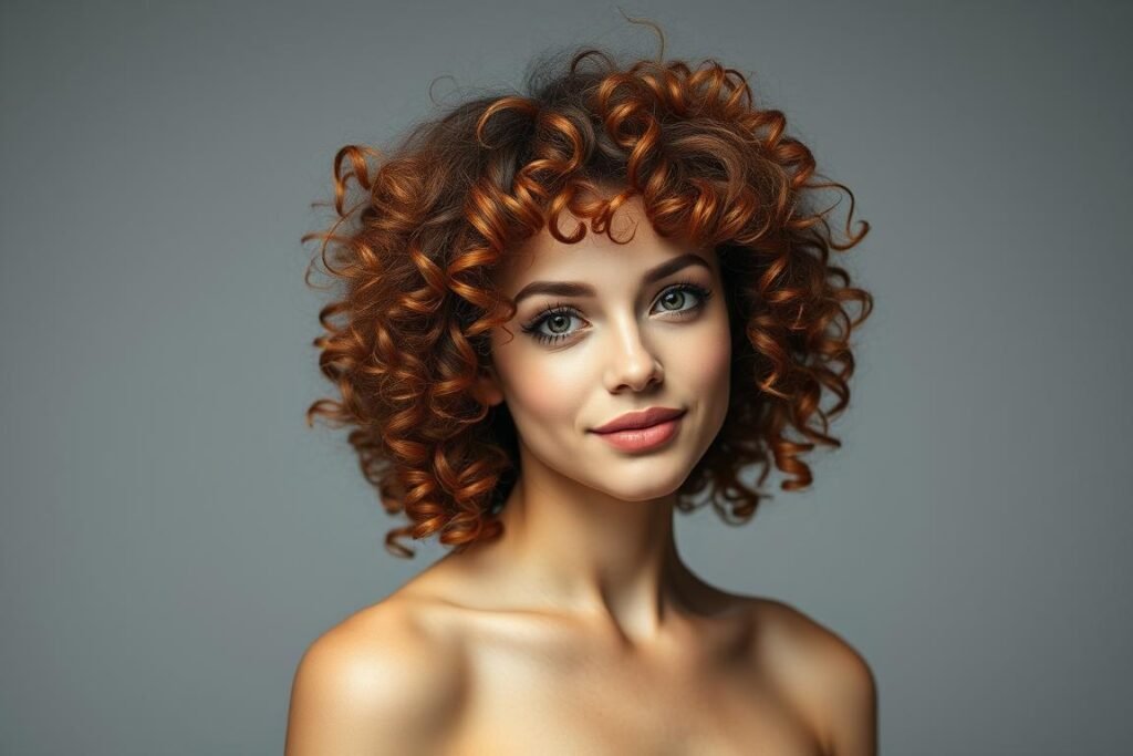Woman with curly cinnamon brown hair showing red-orange dimension Woman with curly cinnamon brown hair showing red-orange dimension