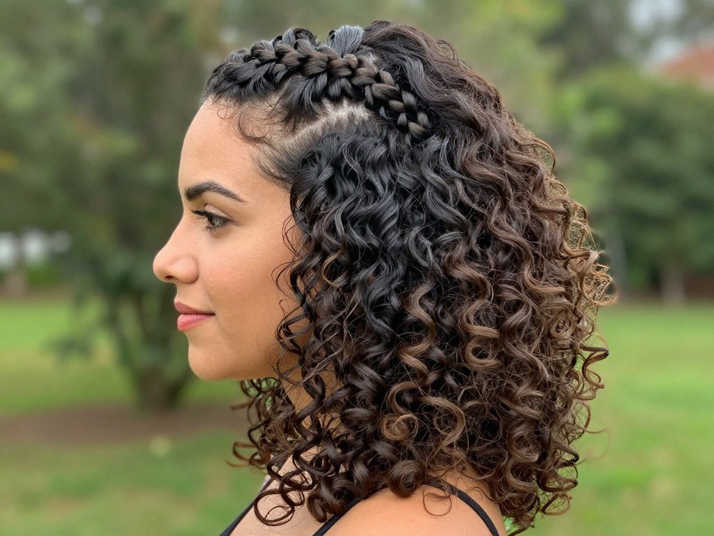 Woman with curly hair in a braided half up half down style Woman with curly hair in a braided half up half down style
