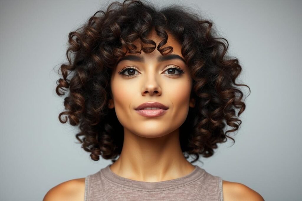 Woman with curly hair in a medium layered cut with curly bangs