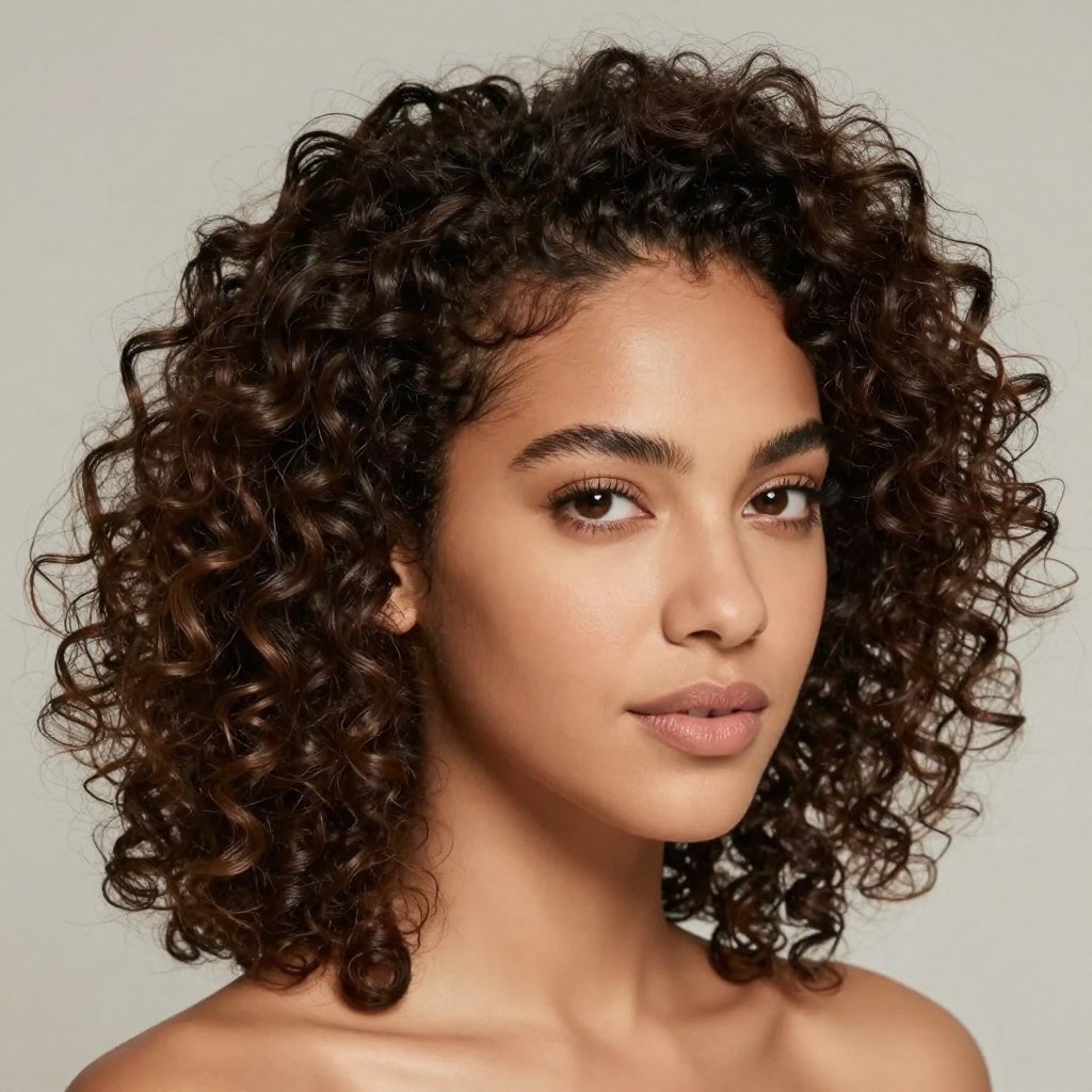 Woman with curly hair in a voluminous half up half down bun showcasing natural texture and defined curls Woman with curly hair in a voluminous half up half down bun showcasing natural texture and defined curls