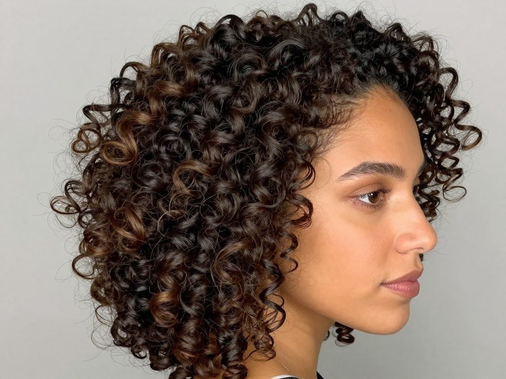 Woman with curly hair in half up style showing natural volume and definition