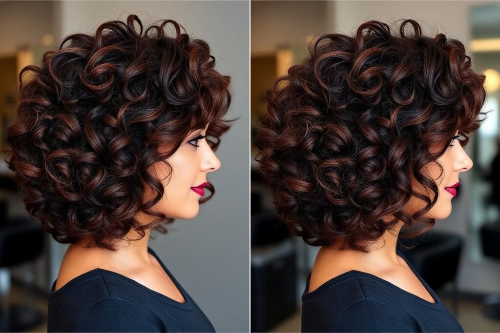 Woman with curly hair showing shape-enhancing medium length layered haircut