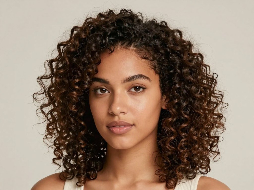 Woman with curly hair styled in voluminous half up half down pigtails Woman with curly hair styled in voluminous half up half down pigtails