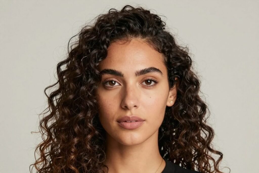 Woman with curly half up half down weave showing face-framing effect Woman with curly half up half down weave showing face-framing effect