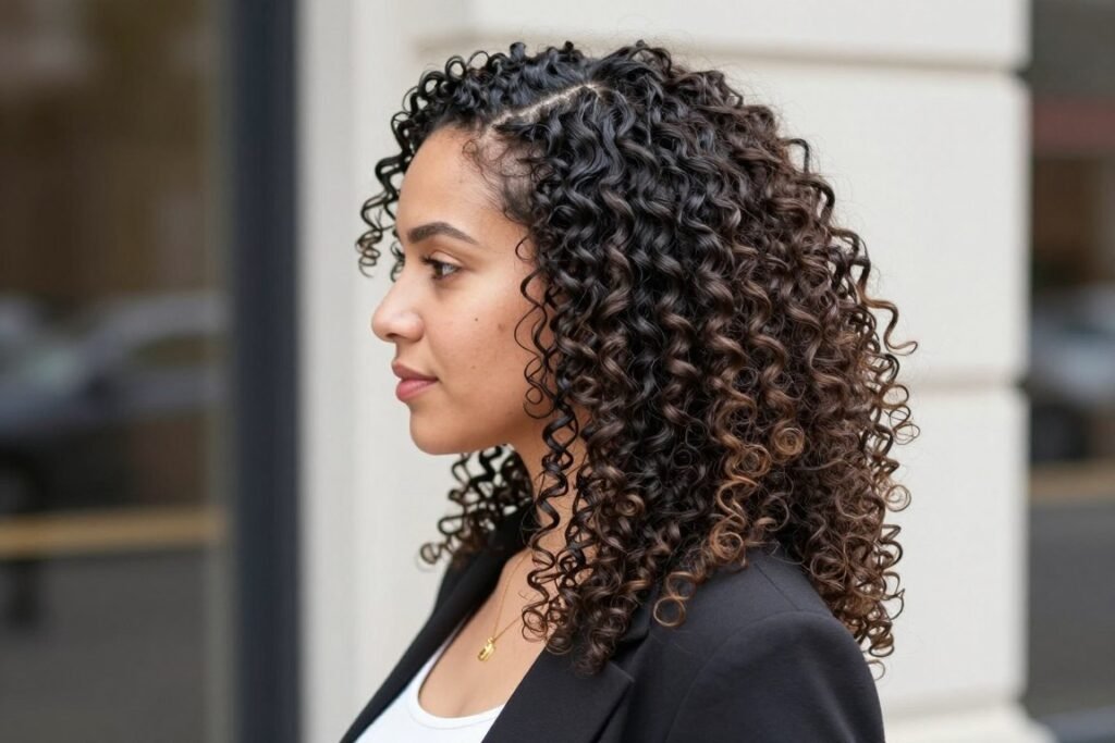 Woman with curly half up half down weave that maintains its style throughout the day Woman with curly half up half down weave that maintains its style throughout the day