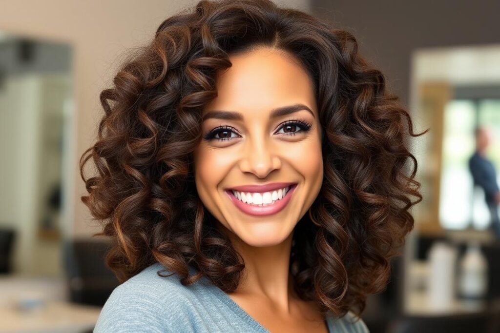Woman with curly lob haircut and deep side part Woman with curly lob haircut and deep side part
