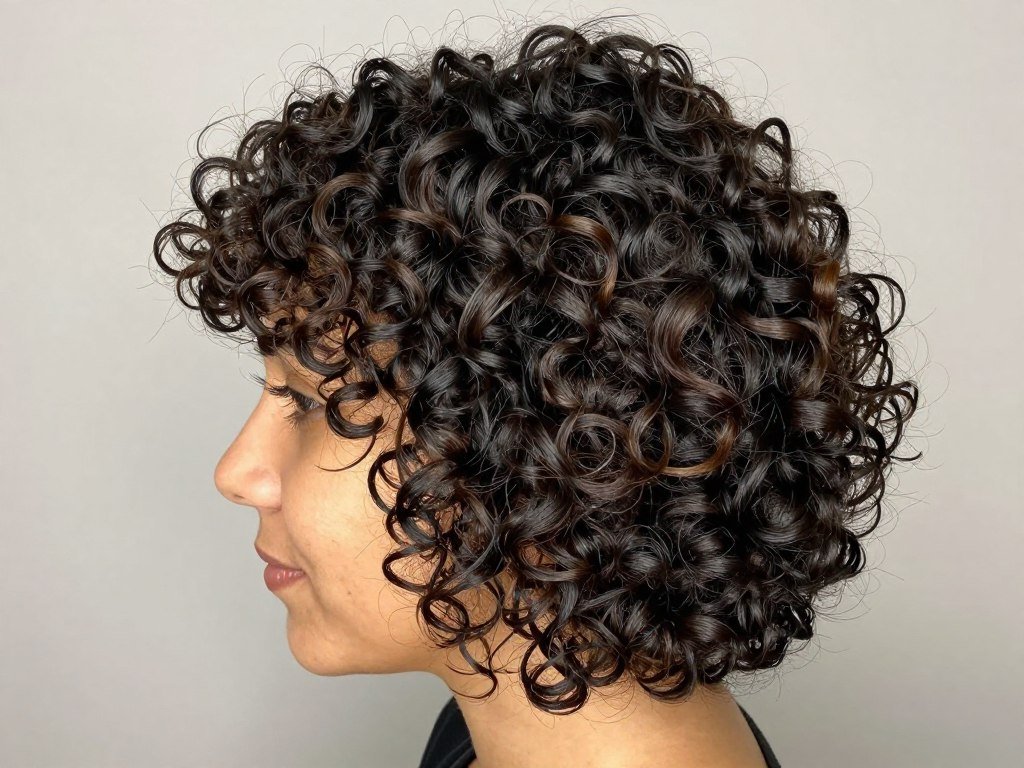 Woman with curly short hair in half up half down style Woman with curly short hair in half up half down style