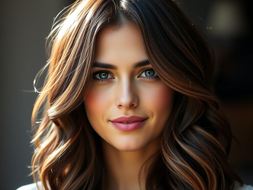Woman with dark brown hair and face-framing caramel highlights