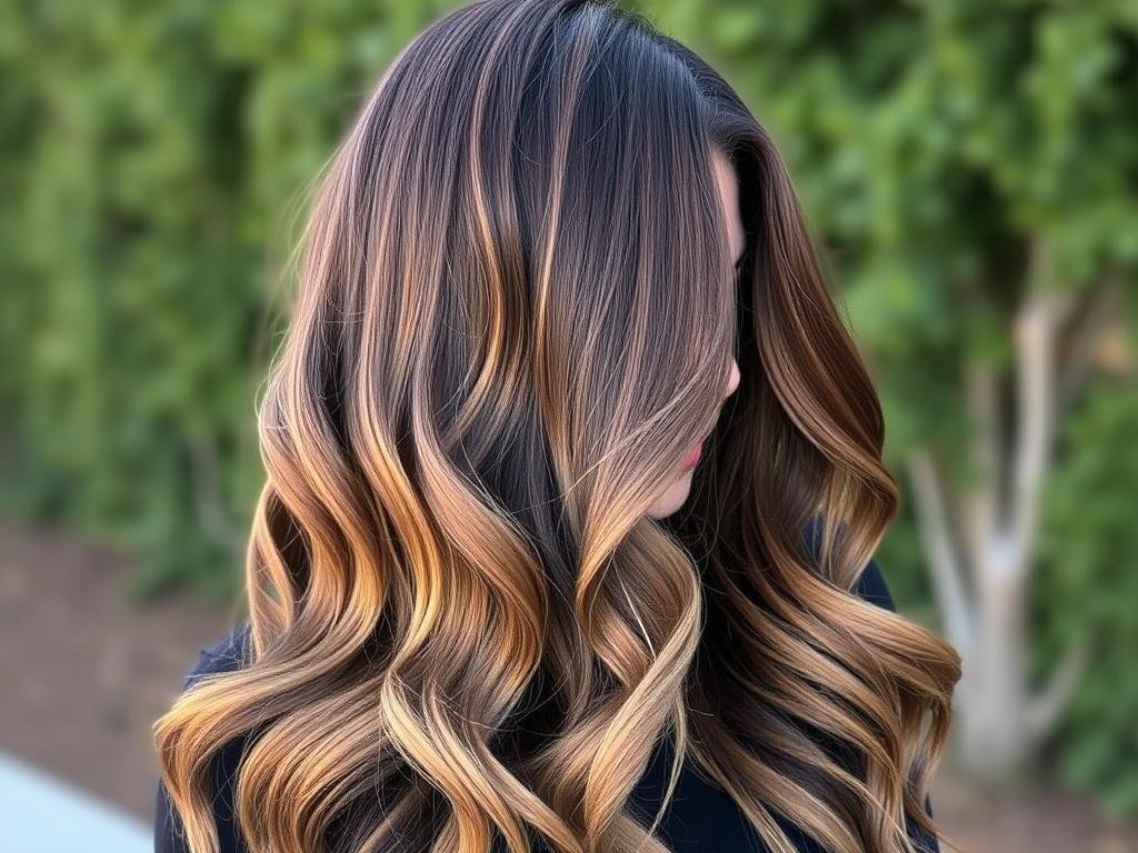 Woman with dark brown hair featuring caramel balayage highlights