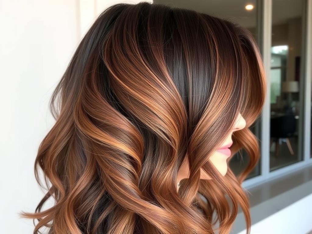 Woman with dark brown hair featuring copper balayage highlights Woman with dark brown hair featuring copper balayage highlights