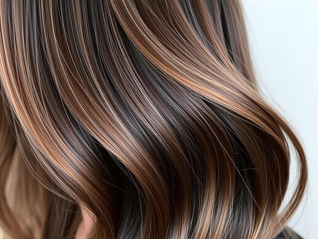 Woman with dark brown hair featuring subtle copper babylights throughout Woman with dark brown hair featuring subtle copper babylights throughout