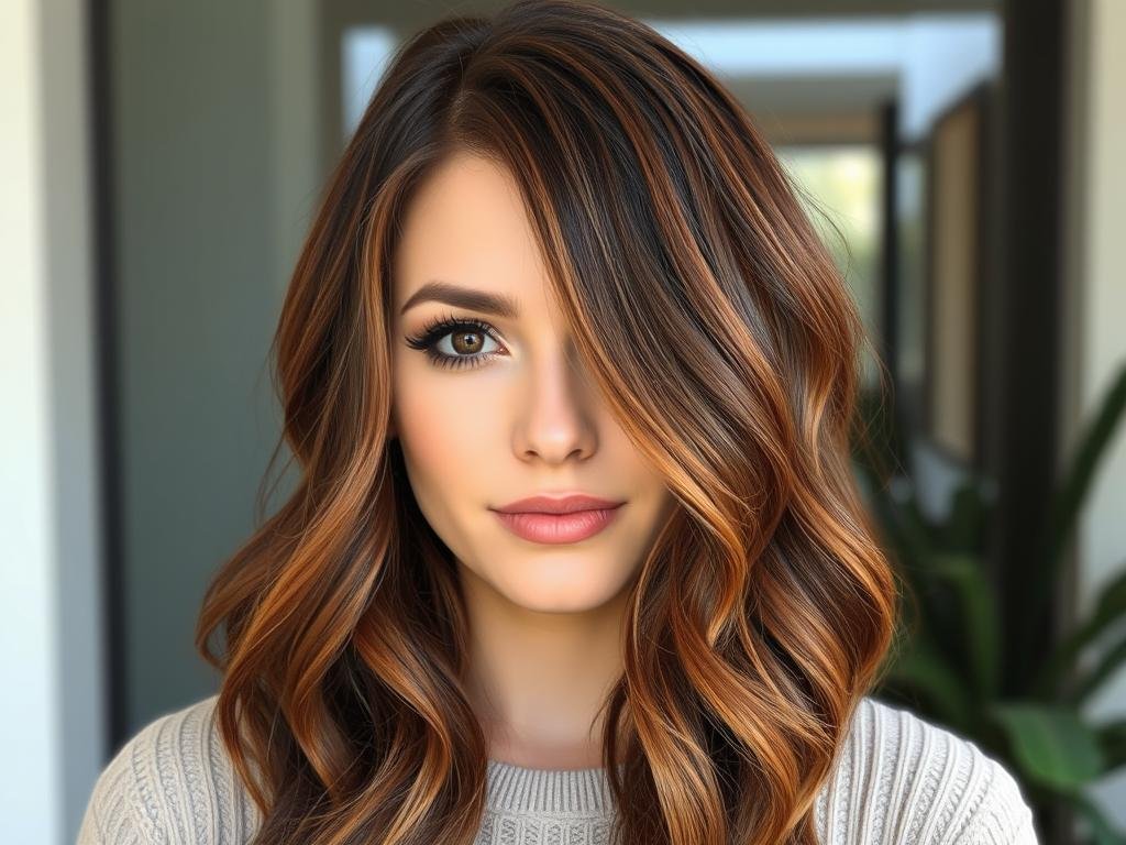 Woman with dark copper brown hair featuring bright copper face-framing highlights Woman with dark copper brown hair featuring bright copper face-framing highlights