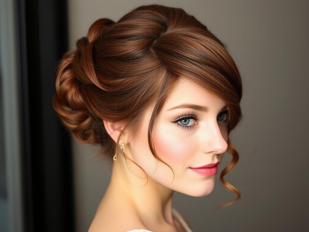 Woman with dark copper brown hair styled in an elegant updo with loose tendrils Woman with dark copper brown hair styled in an elegant updo with loose tendrils