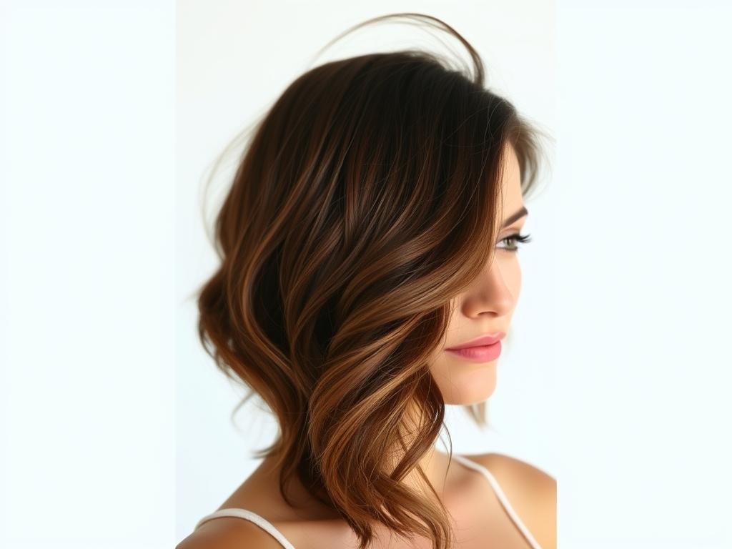 Woman with dark copper brown hair styled in casual beach waves Woman with dark copper brown hair styled in casual beach waves